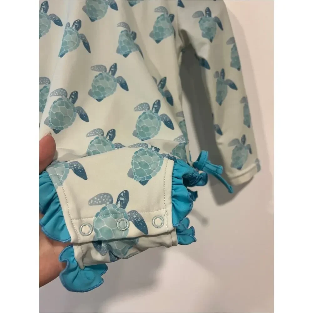 Caden Lane Tropical Turtles Blue Long Sleeve Rashguard Swimsuit Ruffles 2T